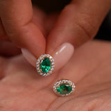 1.86 Ctw 14k Lab Grown Emerald and Diamond Oval Halo Stud Earrings - Edda