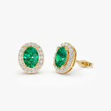 1.86 Ctw 14k Lab Grown Emerald and Diamond Oval Halo Stud Earrings - Edda