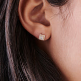 14k Rose Baguette Diamond Studs in Halo Setting