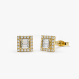 14k Rose Baguette Diamond Studs in Halo Setting