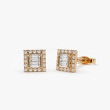 14k Rose Baguette Diamond Studs in Halo Setting