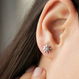 14k Rose Floral Design Baguette Diamond Stud Earrings