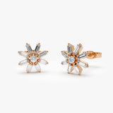 14k Rose Floral Design Baguette Diamond Stud Earrings
