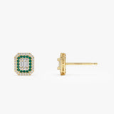 14k Baguette and Round Emerald Studs Halo Setting Ferkos Fine Jewelry