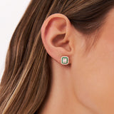 14k Baguette and Round Emerald Studs Halo Setting Ferkos Fine Jewelry