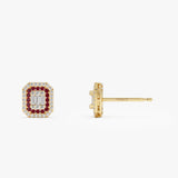 14k Baguette and Round Ruby Studs Halo Setting Ferkos Fine Jewelry