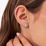 14k Baguette and Round Sapphire Studs Halo Setting Ferkos Fine Jewelry