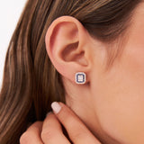 14k Rose Baguette and Round Sapphire Studs Halo Setting Ferkos Fine Jewelry