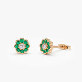 14K Bezel Setting Emerald Flower Diamond Studs Ferkos Fine Jewelry