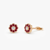 14K Bezel Setting Ruby Flower Diamond Studs Ferkos Fine Jewelry