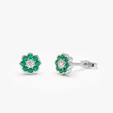 14K Bezel Setting Emerald Flower Diamond Studs 14k White Gold Ferkos Fine Jewelry