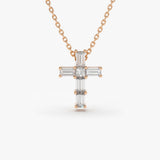 14K Rose Gold Baguette Diamond Tiny Cross Necklace