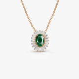 14k Oval Shape Emerald with Baguette Halo Setting Necklace 14K Rose Gold Ferkos Fine Jewelry