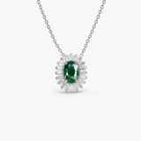 14k Oval Shape Emerald with Baguette Halo Setting Necklace 14K White Gold Ferkos Fine Jewelry