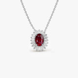 14k Oval Shape Ruby with Baguette Halo Setting Necklace 14K White Gold Ferkos Fine Jewelry