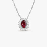 14k Oval Shape Ruby with Baguette Halo Setting Necklace 14K White Gold Ferkos Fine Jewelry