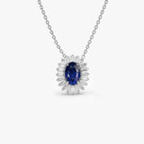 14k Oval Shape Sapphire with Baguette Halo Setting Necklace 14K White Gold Ferkos Fine Jewelry