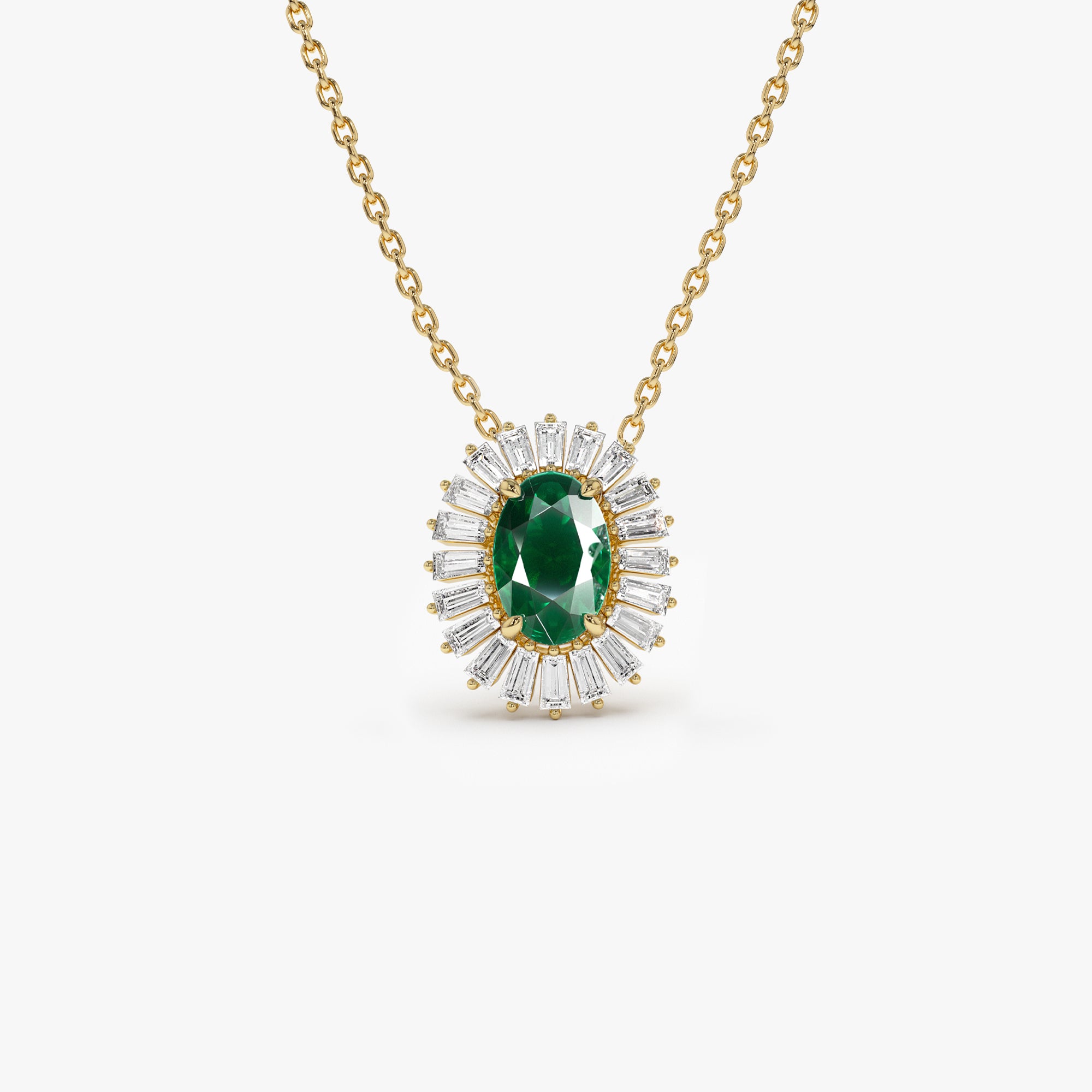 14k Oval Shape Emerald with Baguette Halo Setting Necklace 14K Gold Ferkos Fine Jewelry