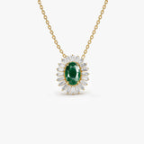 14k Oval Shape Emerald with Baguette Halo Setting Necklace 14K Gold Ferkos Fine Jewelry