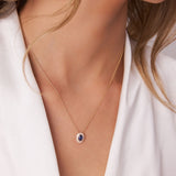 14k Oval Shape Sapphire with Baguette Halo Setting Necklace Ferkos Fine Jewelry
