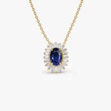 14k Oval Shape Sapphire with Baguette Halo Setting Necklace 14K Gold Ferkos Fine Jewelry