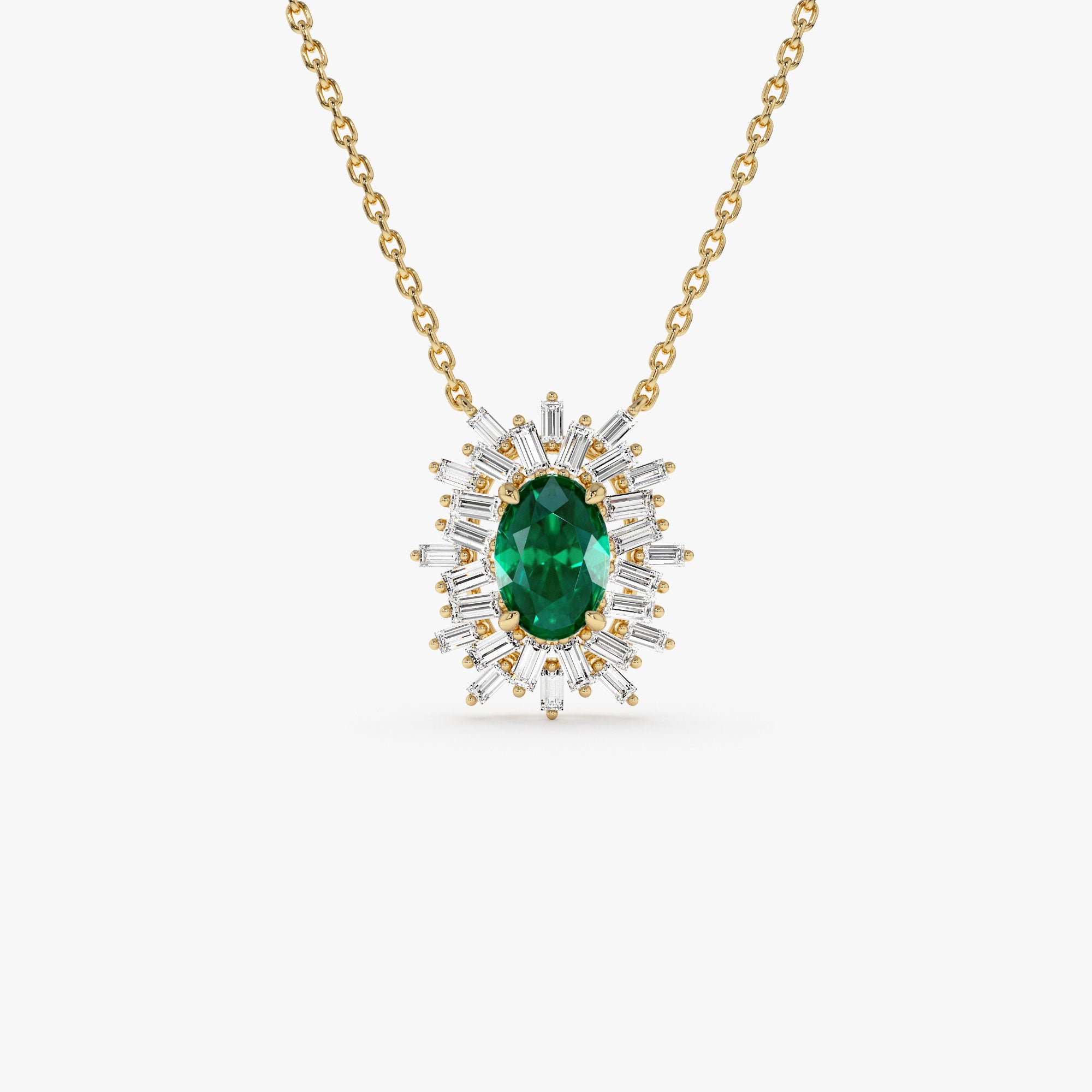 14k Oval Shape Emerald Necklace with Ballerina Baguettes 14K Gold Ferkos Fine Jewelry