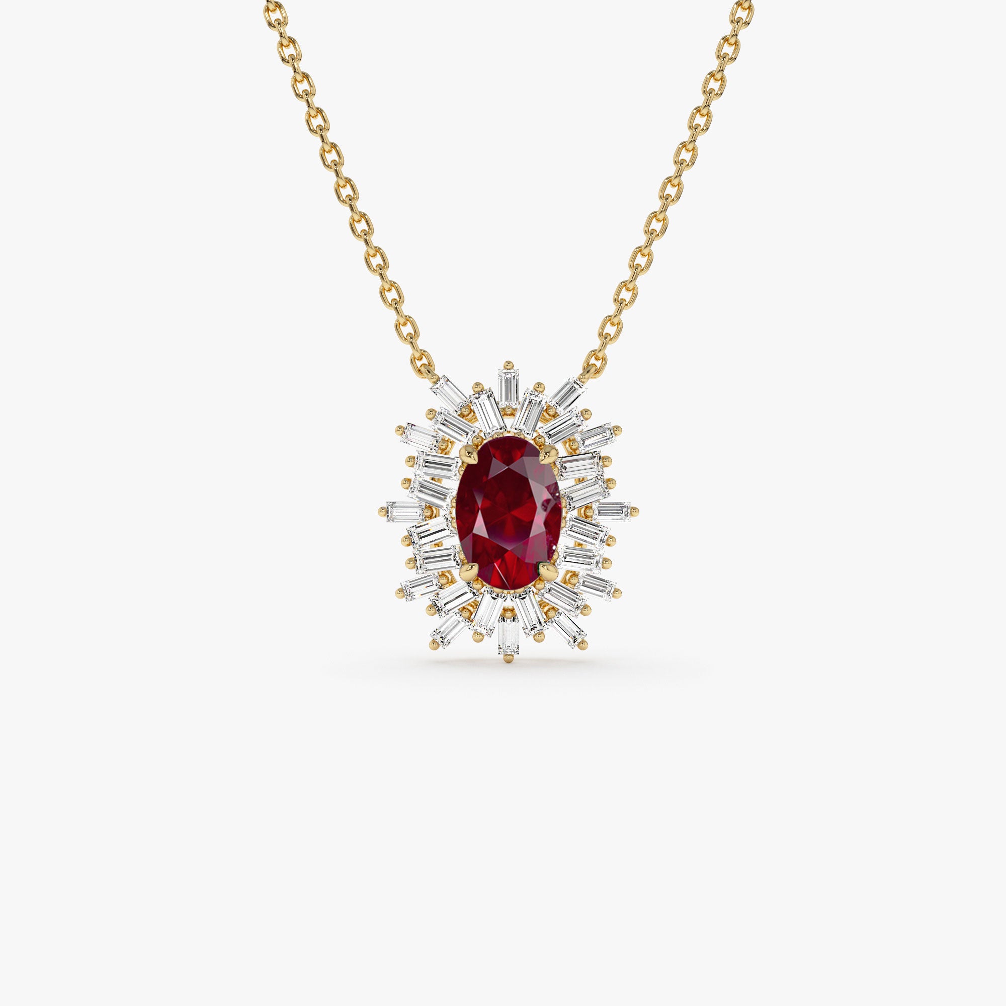 14k Oval Shape Ruby Necklace with Ballerina Baguettes 14K Gold Ferkos Fine Jewelry