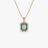 14k Baguette and Round Emerald Necklace with Halo Setting Ferkos Fine Jewelry