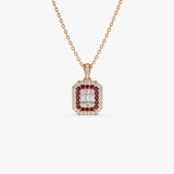 14k Baguette and Round Ruby Necklace with Halo Setting  Ferkos Fine Jewelry
