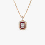 14k Baguette and Round Ruby Necklace with Halo Setting Ferkos Fine Jewelry