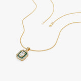 14k Baguette and Round Emerald Necklace with Halo Setting Ferkos Fine Jewelry