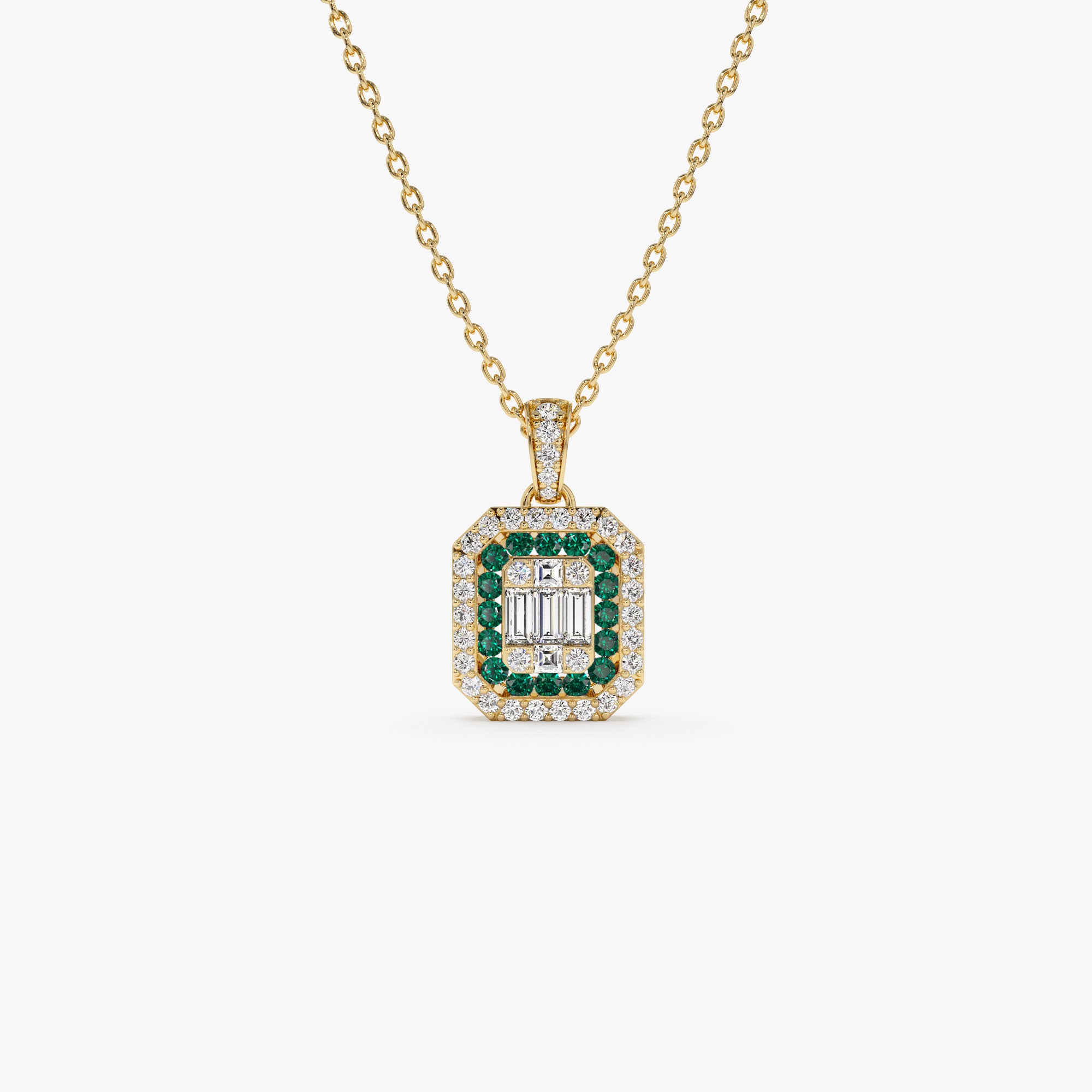 14k Baguette and Round Emerald Necklace with Halo Setting 14K Gold Ferkos Fine Jewelry