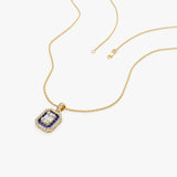 14k Baguette and Round Sapphire Necklace with Halo Setting  Ferkos Fine Jewelry
