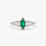 14k Gold Marquise Shape Emerald Ring with Baguette Accents Ferkos Fine Jewelry