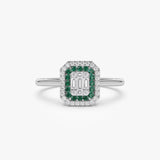 14k Baguette and Round Emerald Ring with Halo Setting Ferkos Fine Jewelry