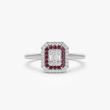 14k Baguette and Round Ruby Ring with Halo Setting Ferkos Fine Jewelry