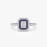 14k Baguette and Round Sapphire Ring with Halo Setting Ferkos Fine Jewelry