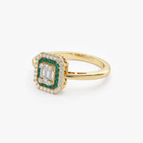 14k Baguette and Round Emerald Ring with Halo Setting Ferkos Fine Jewelry