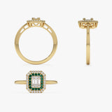 14k Baguette and Round Emerald Ring with Halo Setting Ferkos Fine Jewelry