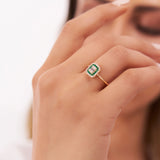 14k Baguette and Round Emerald Ring with Halo Setting Ferkos Fine Jewelry