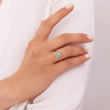 14k Baguette and Round Emerald Ring with Halo Setting Ferkos Fine Jewelry