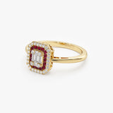 14k Baguette and Round Ruby Ring with Halo Setting Ferkos Fine Jewelry