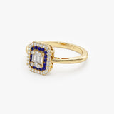 14k Baguette and Round Sapphire Ring with Halo Setting Ferkos Fine Jewelry
