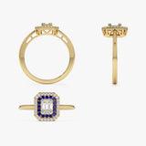 14k Baguette and Round Sapphire Ring with Halo Setting Ferkos Fine Jewelry