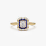 14k Baguette and Round Sapphire Ring with Halo Setting 14K Gold Ferkos Fine Jewelry