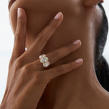 3.35 ctw Three Stone Halo Oval Lab Grown Engagement Ring - Ashley Ferkos Fine Jewelry