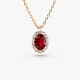 14K Rose Gold Oval Cut Ruby Halo Diamond Necklace