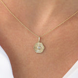14K Rose Gold Hexagon Diamond Disc Ray Necklace
