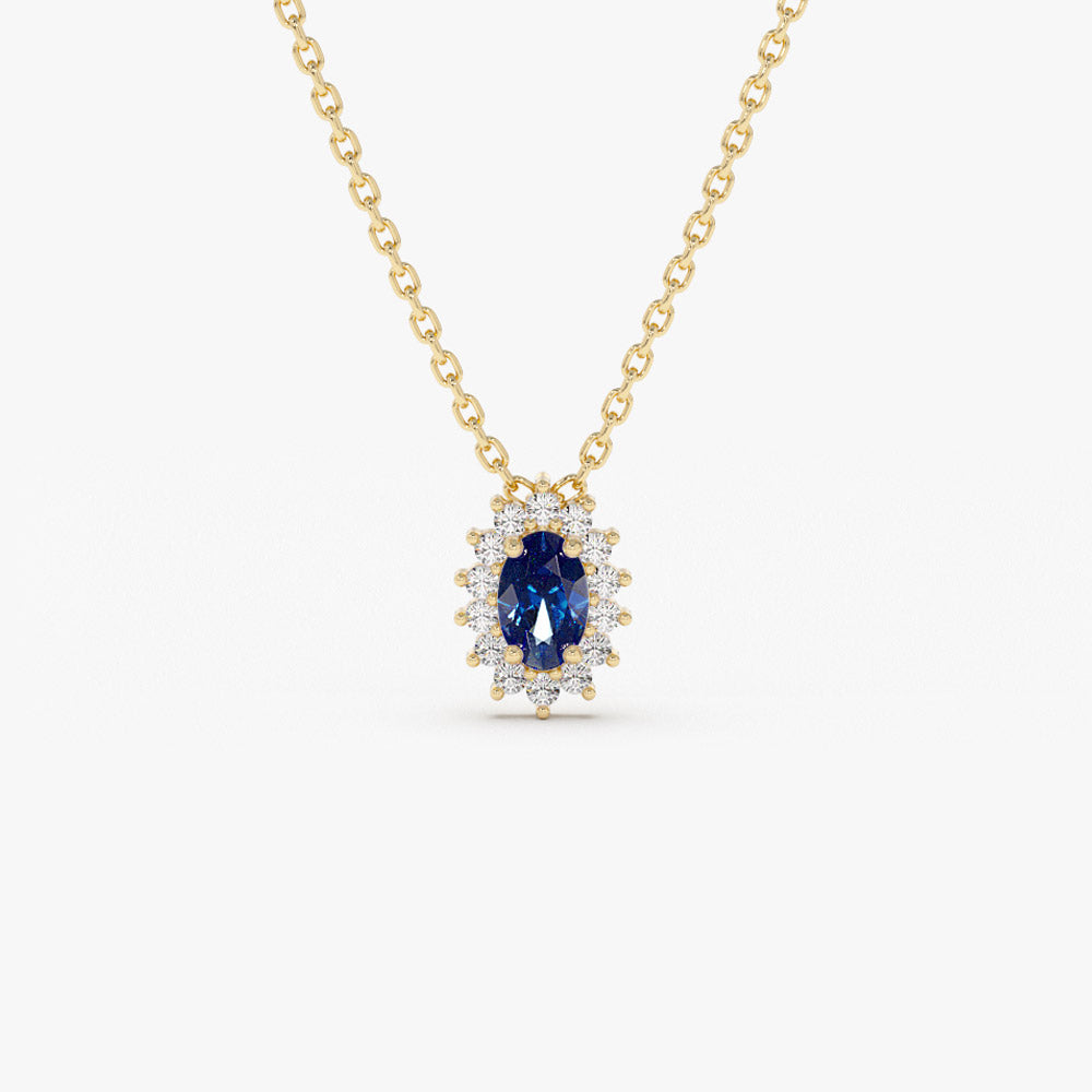 14k Sapphire Necklace with Halo Diamonds Necklace 14K Gold Ferkos Fine Jewelry