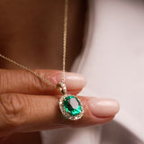 3.60 Ctw 14k Lab Grown Colombian Emerald and Diamond Halo Pendant Necklace - Aura Ferkos Fine Jewelry